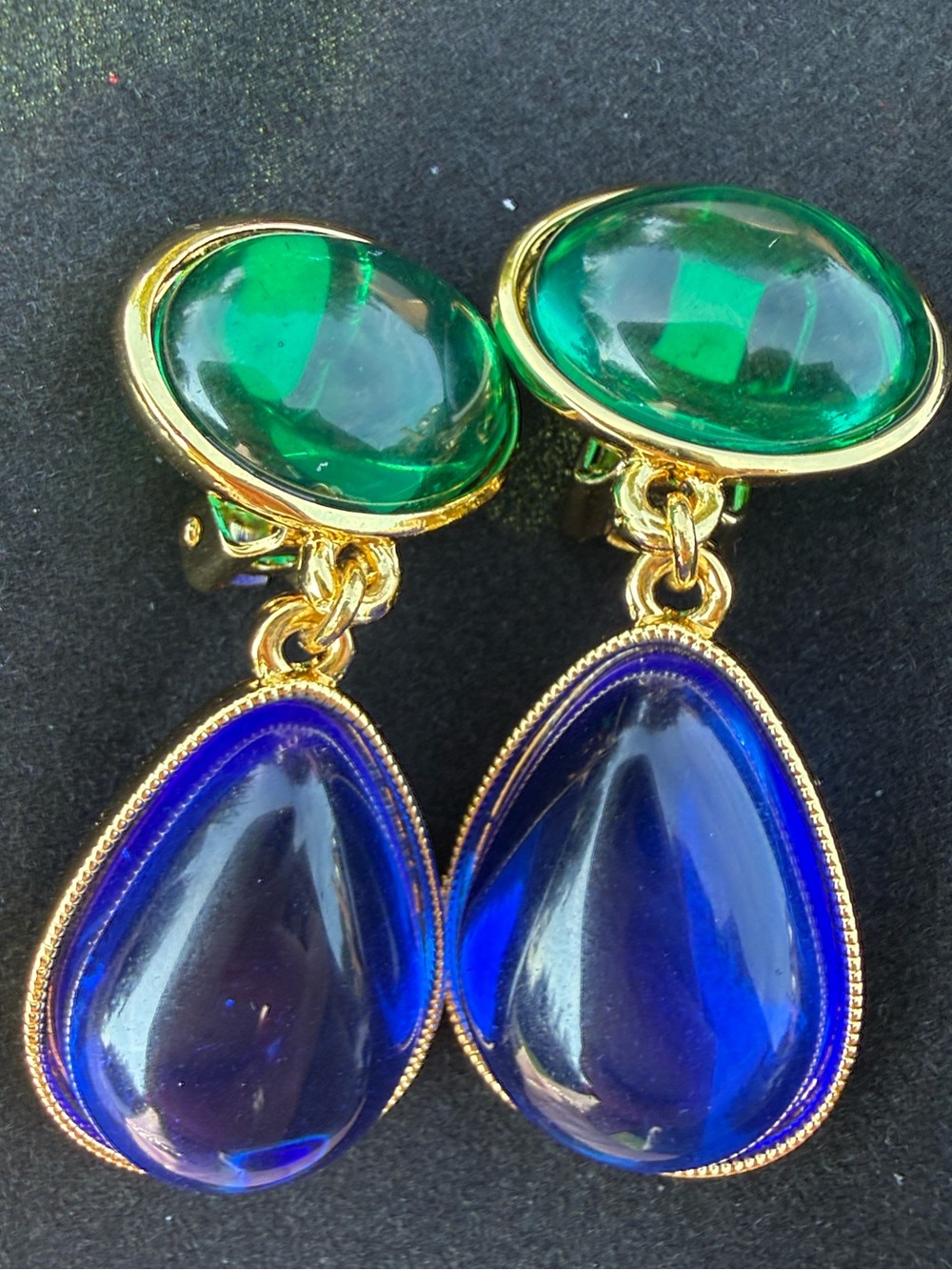 Ben-Amun Gold Drop clip on Earrings with Deep Blue Teardrop and Emerald Accent